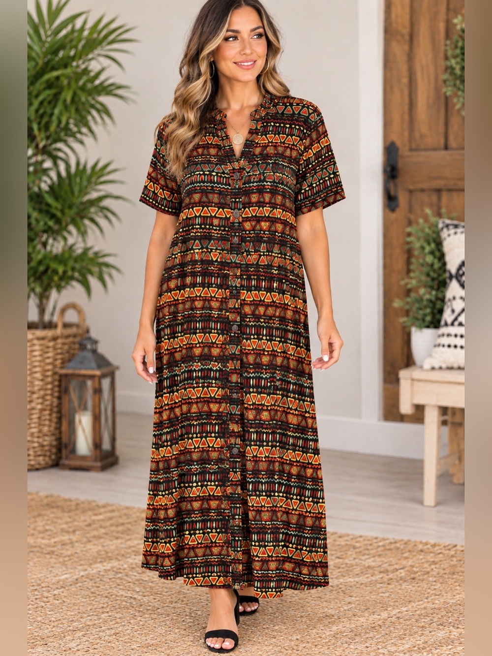 Tribal Print Long Duster in Black with Multicolor Pattern - Picture 10 of 10